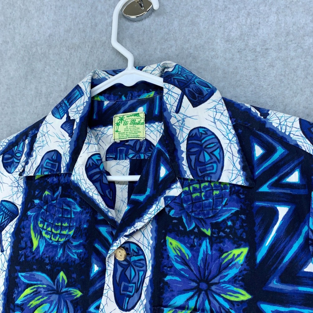 Ui-Maikai Button Down Shirt Mens L Blue Tiki Tribal Mask Pineapple Hawaii Cotton